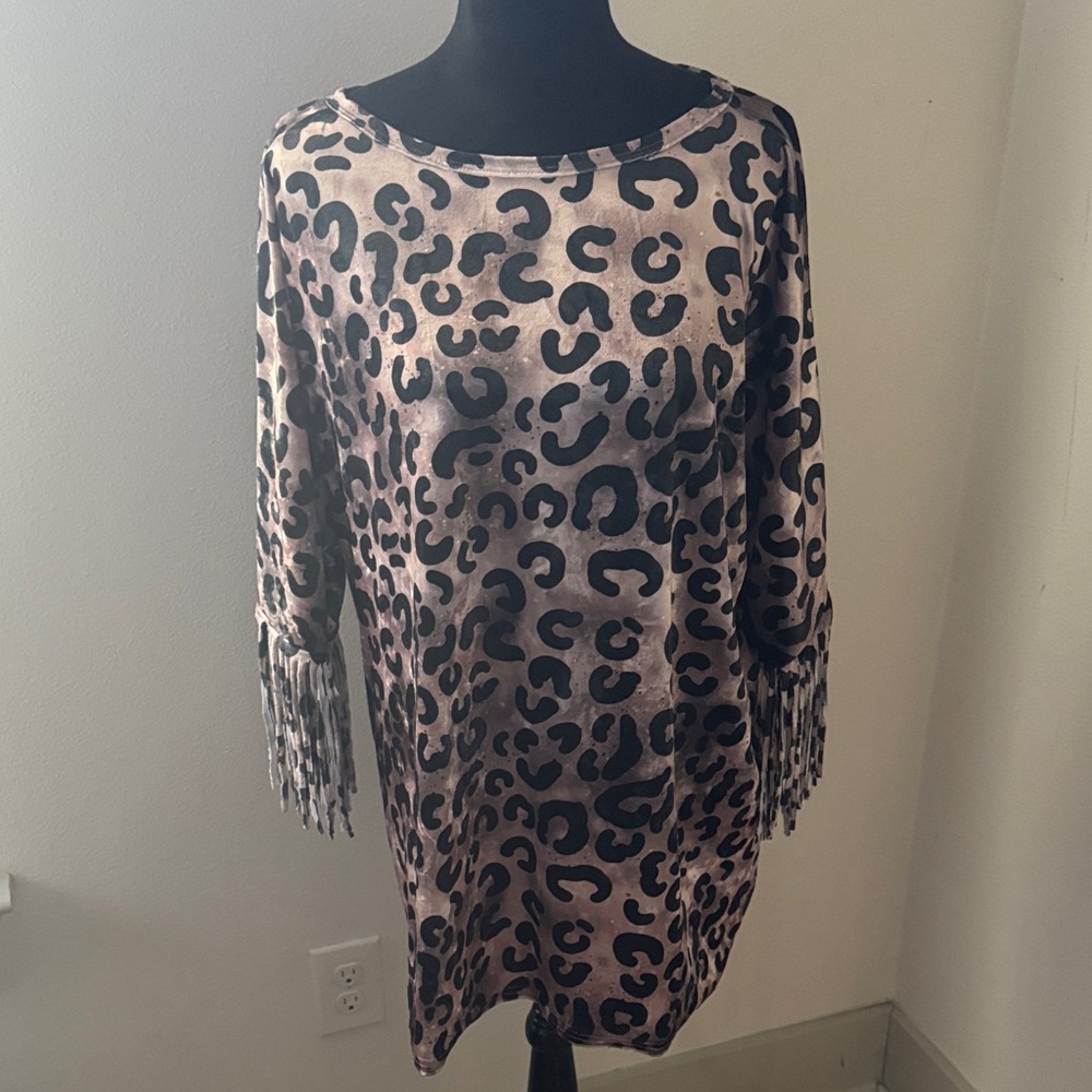 Southern Stitch velvet Leopard Print Fringe sleeves pullover tunic top Sz XXL